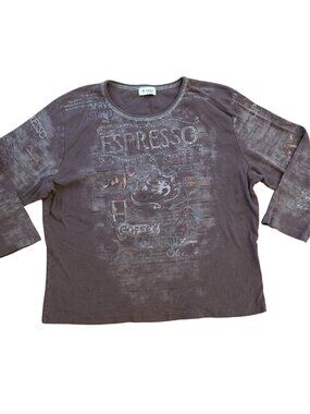 Vintage Y2K Printed Embellished 3/4 Sleeve Brown Tee Size XXL